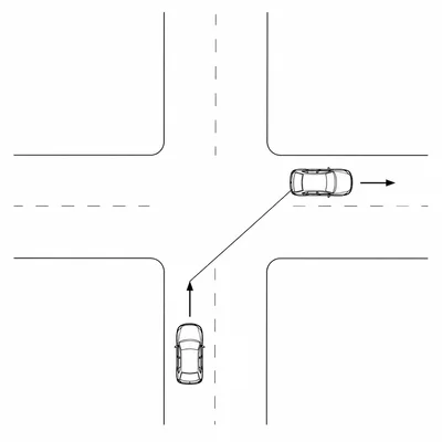 Two cars traveling north and east from the same intersection with a diagonal distance between them.