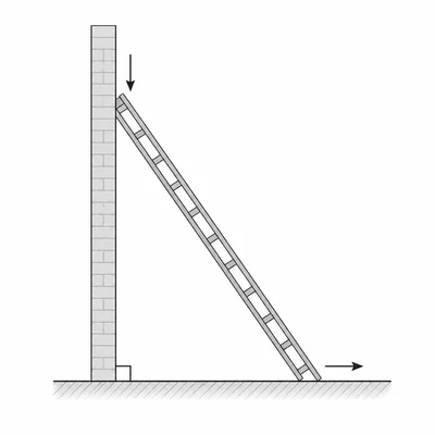 Ladder leaning against a wall with arrows showing the bottom moving outward and the top moving downward.