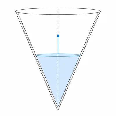 Conical tank partially filled with water and an upward arrow showing the water level rising.