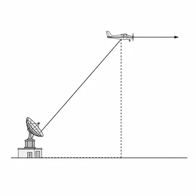 Airplane flying horizontally away from a radar station with vertical, horizontal, and diagonal distance lines.