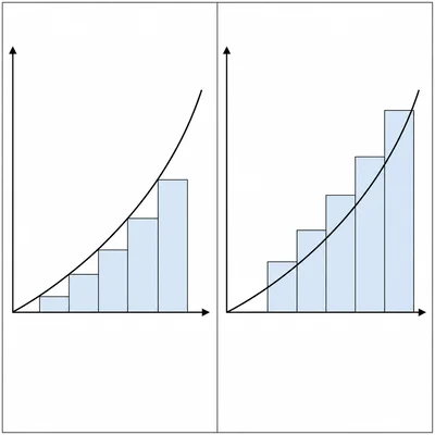 Increasing curve comparing left-endpoint rectangles below the curve and right-endpoint rectangles above it.