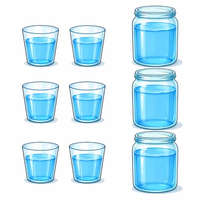Six cups of water grouped into three pint jars.