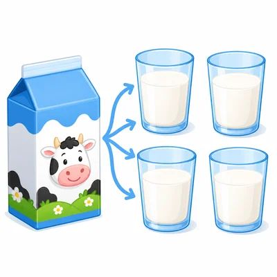 A milk carton shown with four cups of milk.