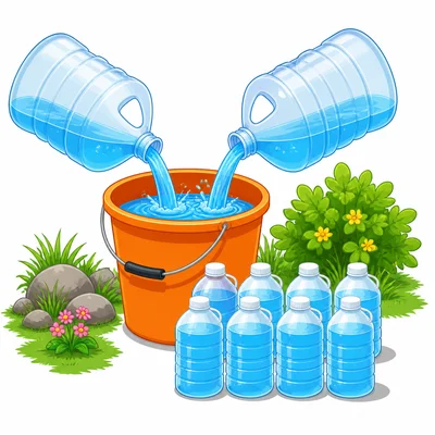 Two gallon jugs filling a bucket with eight quart containers nearby.