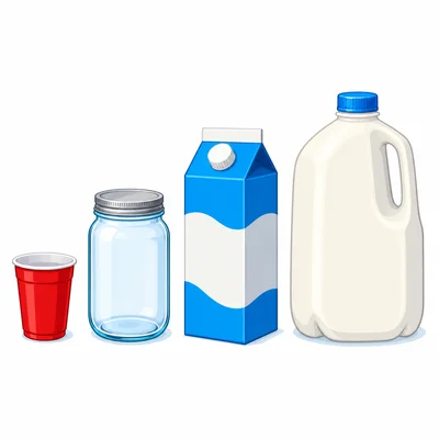 Cup, pint jar, quart carton, and gallon jug arranged from smallest to largest.