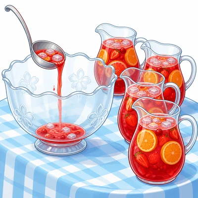 A punch bowl with four pitchers of punch nearby.