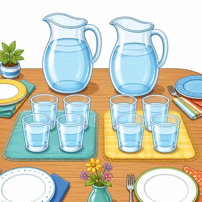 Eight cups of water grouped with two quart pitchers.