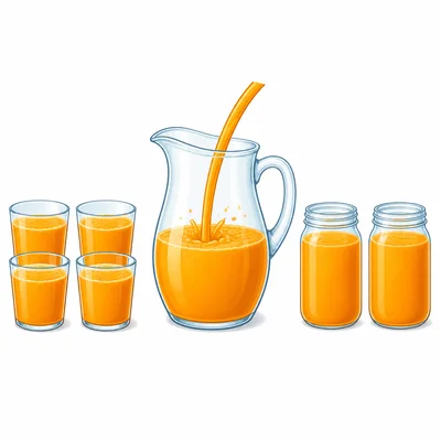 Four cups of juice, a pitcher, and two filled pint jars.