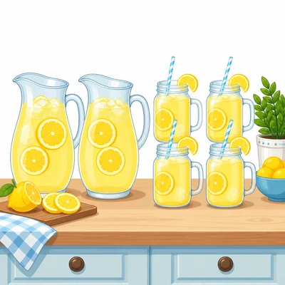 Two lemonade pitchers shown with four pint jars.