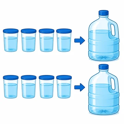 Eight quart containers of water shown with two gallon jugs.