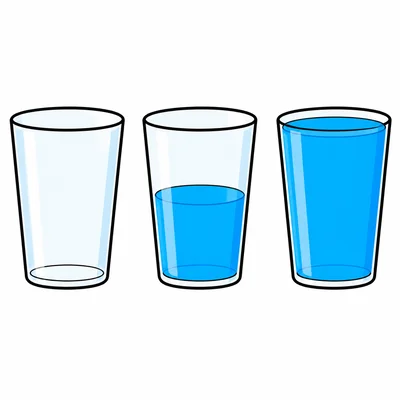 Three cups showing empty, half-full, and full.
