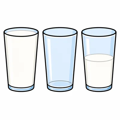 Three glasses: full of milk, empty, and half-full of milk.