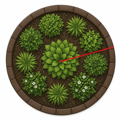 A circular garden with edging around the outside and a radius line.