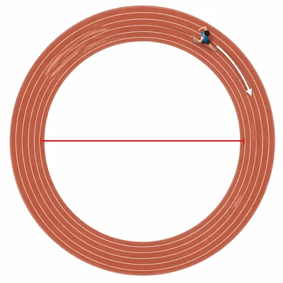 A circular running track with a diameter line and a runner following the path.