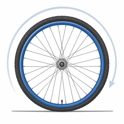 A bicycle wheel with an arrow showing one full turn.