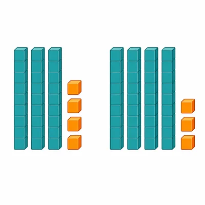 Two groups of base-ten blocks: three tens rods with four cubes, and four tens rods with three cubes.