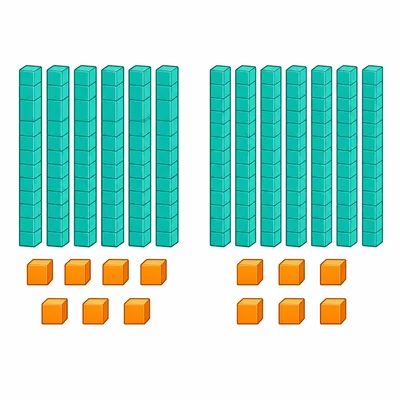 Two base-ten block groups: six rods with seven cubes, and seven rods with six cubes.