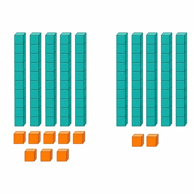 Two groups of base-ten blocks: five tens rods with eight cubes, and five tens rods with two cubes.