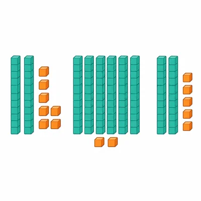 Three base-ten block groups: two rods with seven cubes, seven rods with two cubes, and two rods with five cubes.