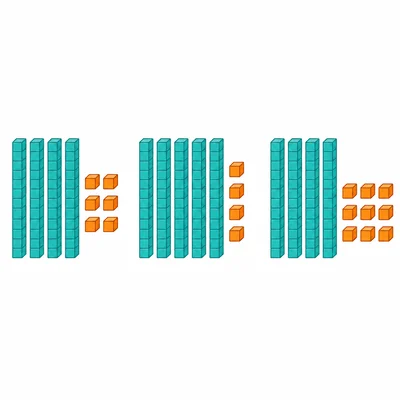 Three base-ten block groups: four rods with six cubes, six rods with four cubes, and four rods with nine cubes.