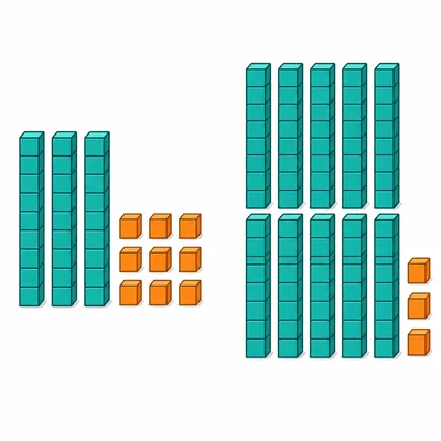 Two base-ten block groups: three rods with nine cubes, and nine rods with three cubes.