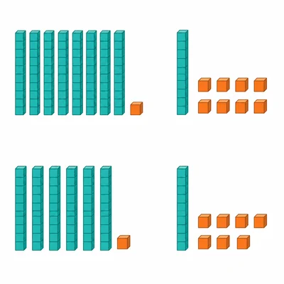 Four base-ten block groups showing eight rods with one cube, one rod with eight cubes, seven rods with one cube, and one rod with seven cubes.