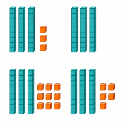Four base-ten block groups with three tens rods each and different numbers of cubes.