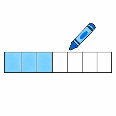 A fraction strip divided into sevenths with three parts shaded and more parts available to shade.