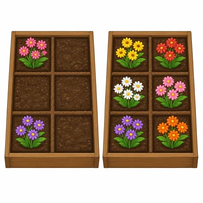 Two equal garden beds divided into sixths, with flowers planted in two sixths of one and five sixths of the other.