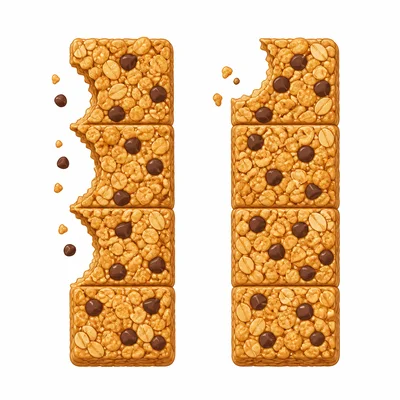 Two equal granola bars split into fourths, showing three fourths eaten on one and one fourth eaten on the other.