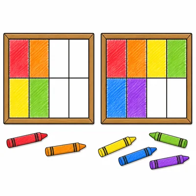 Two equal pictures divided into eighths, with four eighths colored on one and six eighths colored on the other.