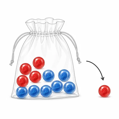 A bag of marbles with one red marble removed and red and blue marbles remaining inside.