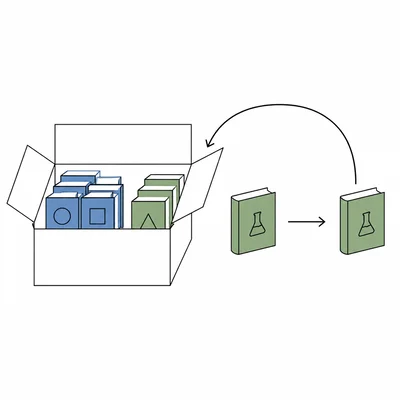 A box of two types of books with a science book selected, replaced, and selected again.