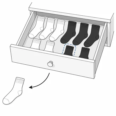 A drawer of white and black socks with one white sock removed and a black sock highlighted.