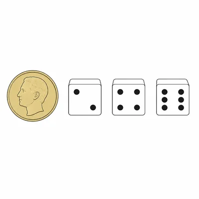 A coin showing heads next to dice faces with even numbers of pips.