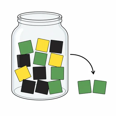 A jar of green, yellow, and black tiles with two green tiles drawn out.