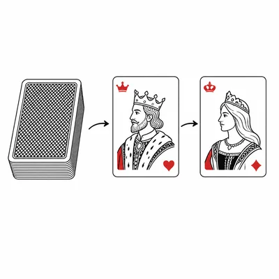 Two playing cards drawn from a deck, first a king card and second a queen card.
