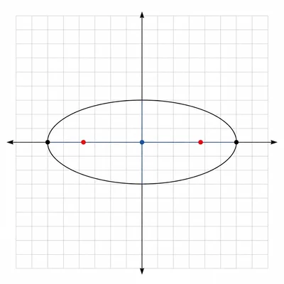 Horizontal ellipse centered at the origin with foci shown on the major axis.