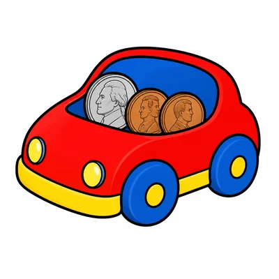 A toy car with one nickel and two pennies