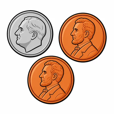 One silver dime and two copper pennies