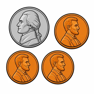 One silver nickel and three copper pennies