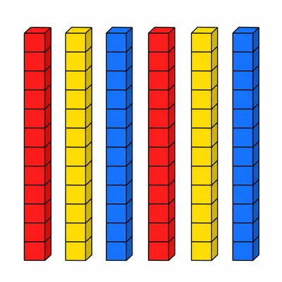 Six colorful base-ten rods in a row