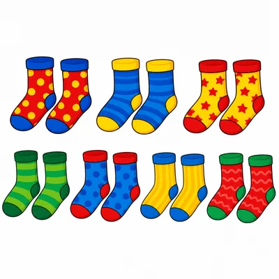 Seven pairs of socks lined up.
