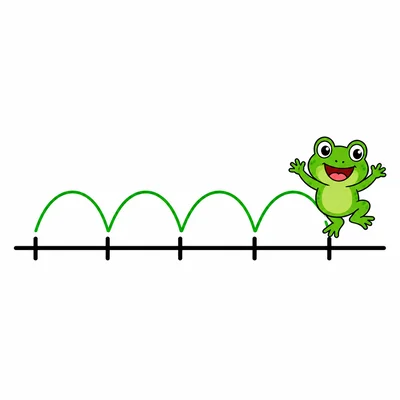 A frog hopping by equal jumps along an unlabeled number line.