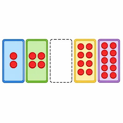 A row of trays with paired counters and one empty tray for a missing count.