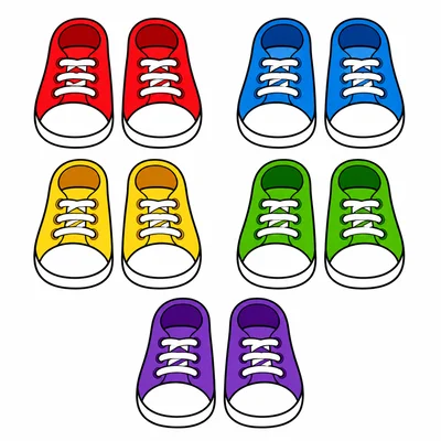 Five pairs of shoes lined up.