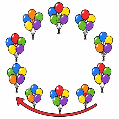 Ten groups of five balloons with an arrow showing backward counting.