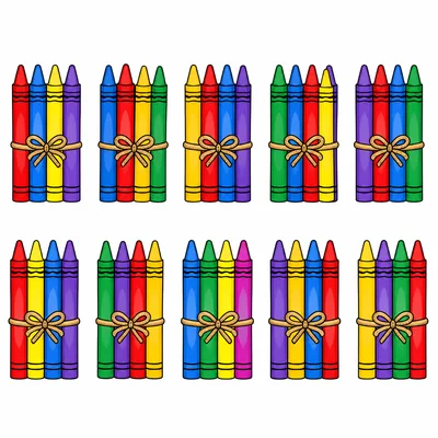 Ten bundles of five crayons.