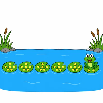A frog on the last of six lily pads, each with five dots.
