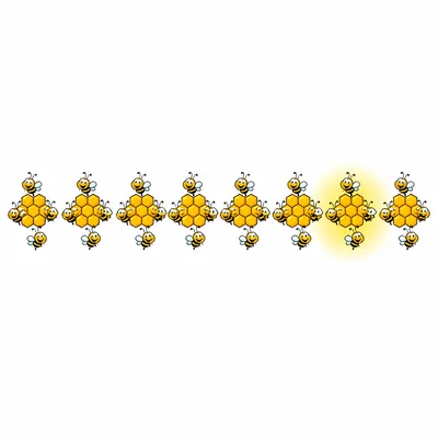 Eight groups of five bees, with the group before the last highlighted.